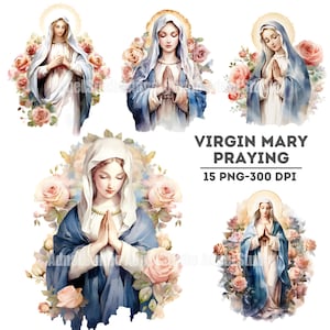 Imágenes prediseñadas de la Virgen María en oración en acuarela - Imágenes prediseñadas de la Virgen María en oración, imágenes prediseñadas de Nuestra Señora de Fátima, paquete de papel digital para manualidades de la Virgen María