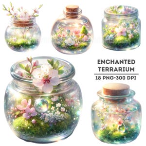 Watercolor Enchanted Terrarium Clipart, Floral PNG Images, Digital Scrapbooking Kit, Fantasy Nature Graphics, DIY Crafts, Whimsical Decor