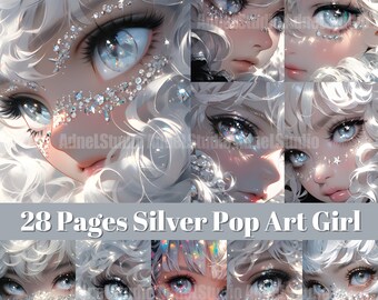 Silver Pop Art Girl Junk Journal, Silver Fantasy Girl Junk Journal, Anime Girl Ephemera Paper, Anime Mixed Media, Background Picture Collage