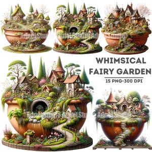 Aquarelle jardin féerique Clipart - Clipart fantastique, maison de conte de fées Clipart, Journal des fées, livre pour enfants Art Clipart, créations numériques en papier
