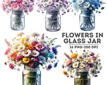 Watercolor Flowers in Jar Clipart - Watercolor Wildflowers Clipart, Flower Digital Paper Craft, Glass jar Flower Clipart, Bouquet of Flowers