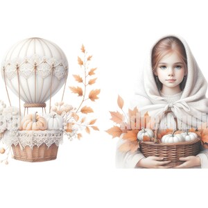 May include: A white hot air balloon with lace details, surrounded by fall foliage and pumpkins, and a girl in a white hooded cloak holding a basket of pumpkins.