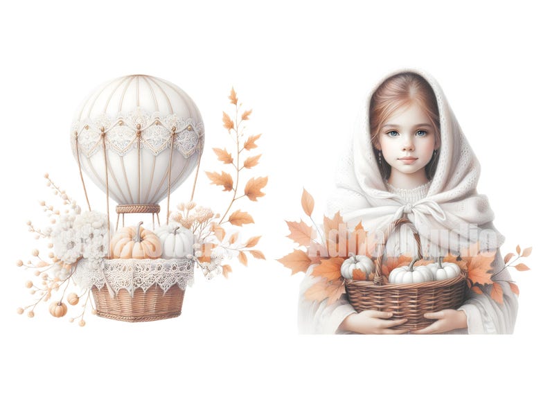 May include: A white hot air balloon with lace details, surrounded by fall foliage and pumpkins, and a girl in a white hooded cloak holding a basket of pumpkins.