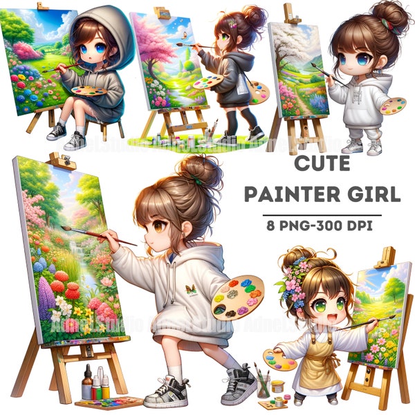 Cute Painter Girl Clipart - Little Chibi Girl Clipart, Little Girl Stickers, Anime Girl Clipart, Little Girl Anime Sticker, Anime Papercraft