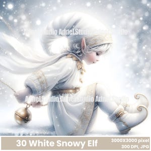 Clipart elfo bianco innevato, illustrazione fantasy natalizia, fantasia eterea accogliente, arte elfo del paese delle meraviglie invernale, illustrazione elfo invernale magico