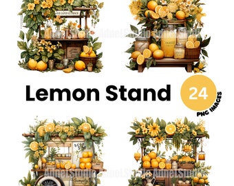 Watercolor Lemon Stand Clipart - Lemonade Stand Clipart, Tropical Fruit Clipart, Watercolor Lemon PNG, Lemon Junk Journals, Scrapbooking