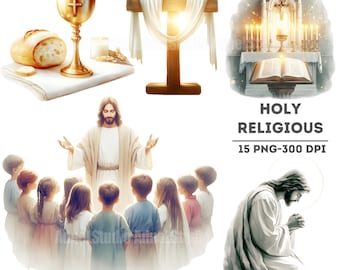 Watercolor Holy Religious Clipart, Holy Religious PNG, Jesus, Cross, Communion, Candles PNG, Spiritual Clipart, Christian Digital Images