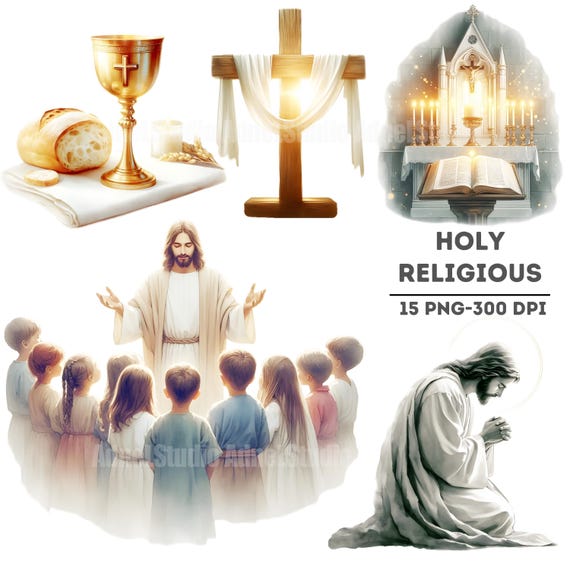 Watercolor Holy Religious Clipart, Holy Religious PNG, Jesus, Cross, Communion, Candles PNG, Spiritual Clipart, Christian Digital Images