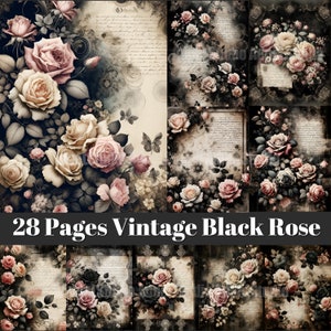 Vintage Black Rose Junk Journal, Shabby Paper Roses, Vintage Victorian Junk Journal, Vintage Rose Ephemera Paper, Scrapbooking Floral Pages