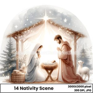 Conjunto de imágenes prediseñadas de la escena de la natividad navideña, diseños navideños religiosos, arte digital de la Sagrada Familia para tarjetas, ilustraciones de la natividad navideña
