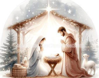 Christmas Nativity Scene Clipart Set, Religious Christmas Designs, Holy Family Digital Art for Cards, Christmas Nativity Illustrations,