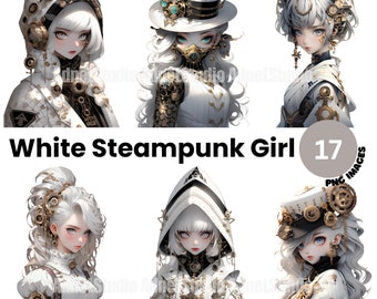 White Steampunk Girl Clipart - White Victorian Steampunk Clipart, Anime Girl Stickers, Steampunk Lady Paper Craft, Victorian Scrapbooking