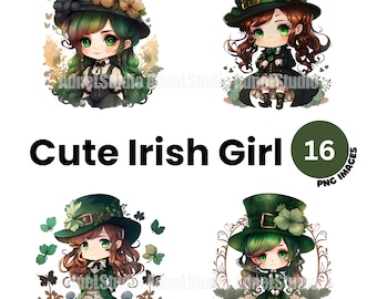 Watercolor Cute Irish girls png clipart - 16 high quality png, Watercolor st. patrick's day clipart, Watercolor Irish girls scrapbooking