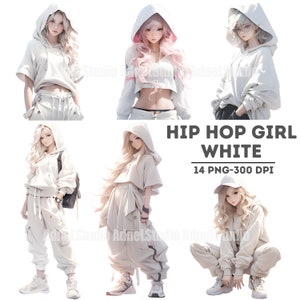 White Hip Hop Girl Clipart, White Fashion Dress Women Clipart, Anime Girl Stickers, Urban Fashion Girl Papercraft, Hip Hop Fashion Clipart