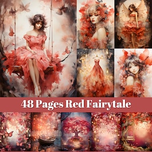 Red Fairytale Junk Journal, Red Fairy Junk Journal, Fairytale Ephemera Paper, Mixed Media, Fairy Picture Collage, Digital Scrapbooking