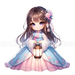 May include: A young girl in a traditional Korean hanbok dress holds a lantern. She has long brown hair with pink flowers in it. The dress is blue and pink with floral embroidery.