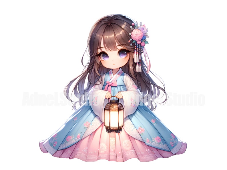 May include: A young girl in a traditional Korean hanbok dress holds a lantern. She has long brown hair with pink flowers in it. The dress is blue and pink with floral embroidery.