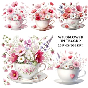 Clipart di fiori selvatici ad acquerello, PNG floreale da tazza da tè, grafica floreale vintage, download digitale, design di cancelleria per matrimoni, stampabile romantico