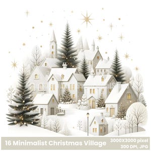 Imágenes prediseñadas de pueblo navideño minimalista, acogedoras ilustraciones de pueblos invernales para decoración navideña, arte de pared navideño acogedor, estética de cabaña de invierno