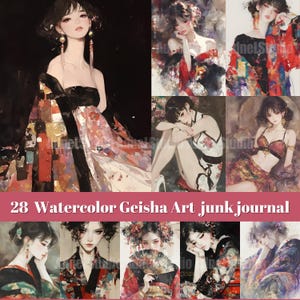 Watercolor Geisha Art, Junk Journal Pages, Japanese Aesthetic Ephemera, Printable Asian Art, Vintage Geisha Digital Paper, Oriental Collage
