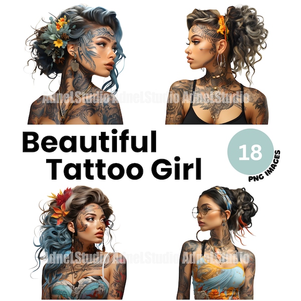 Beautiful Tattoo Girl Clipart - Tattoo Fashion Girl Clipart, PNG transparent, Téléchargement numérique, Fabrication de cartes, Illustration de mode tatouage