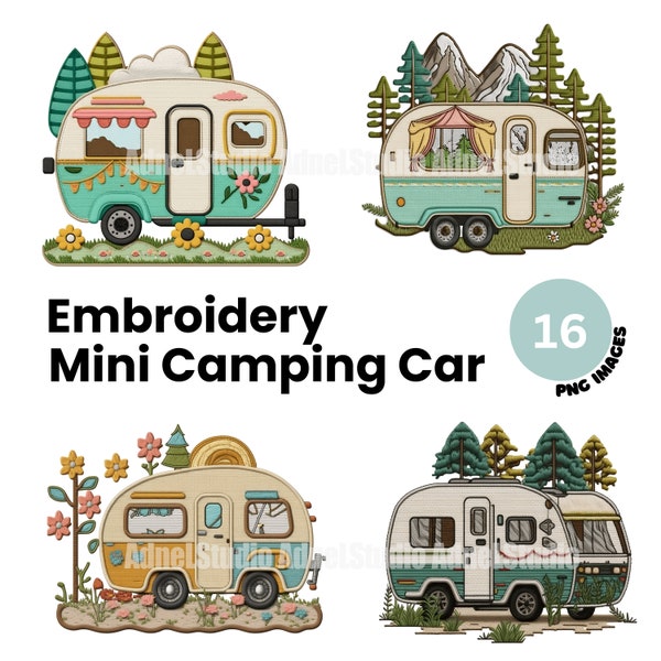 Bordado mini camping car clipart - 16 imágenes prediseñadas PNG de alta calidad, diseño de bordado de collage digital mini camping car, artesanía de papel digital