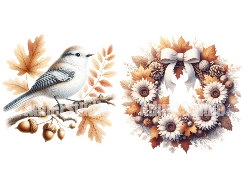 May include: A white bird with brown and gray markings perches on a branch with brown and orange leaves. A brown and white wreath with a white bow is decorated with brown pinecones and white flowers.