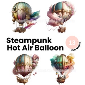 Watercolor Steampunk Hot Air Balloon Clipart: 13 PNG Images (Digital Download)