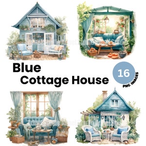 Watercolor Cottage House Clipart - Cottagecore Clipart, Cottage Life PNG, Blue Cottage House, Cozy Country House, Scrapbooking, Junk Journal