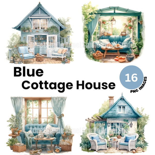 Watercolor Cottage House Clipart - Cottagecore Clipart, Cottage Life PNG, Blue Cottage House, Cozy Country House, Scrapbooking, Junk Journal