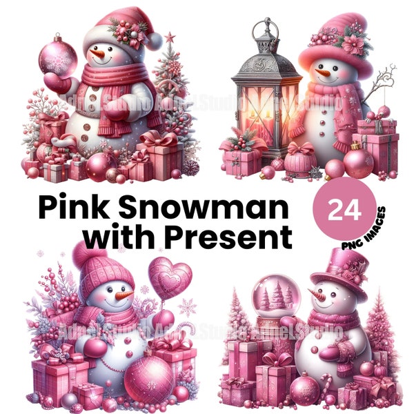 Pink Christmas Snowman Clipart, Pink Snowman Clipart, Snowman with Christmas Present Clipart, Christmas Junk Journal, Christmas illustration