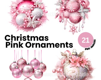 Pink Christmas Ornaments Clipart, Watercolor Christmas Ornament PNG, Christmas Clipart, Christmas Decoration Clipart, Christmas Junk Journal