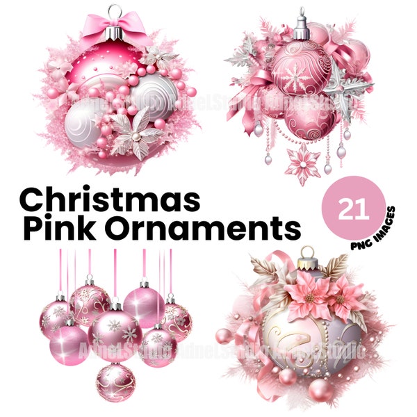 Pink Christmas Ornaments Clipart, Watercolor Christmas Ornament PNG, Christmas Clipart, Christmas Decoration Clipart, Christmas Junk Journal