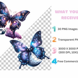 May include: Two digital illustrations of butterflies with galaxy-themed wings. The first butterfly is surrounded by purple flowers. The second butterfly is perched on a crescent moon. The text "WHAT YOU'LL RECEIVE" is displayed in pink letters. The numbers 1 through 4 are displayed in different colors, each with a description of the digital download. The descriptions include "30 PNG Images", "Transparent PNG", "3000 X 3000 Pixels (300 DPI, 10X10 in)", and "Free Commercial License".
