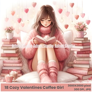 18 Cozy Valentine’s Day Coffee Girl Illustration, Romantic Pink Aesthetic Digital Art, Romantic Reading Nook Art, Pink Cozy Girl Digital Art
