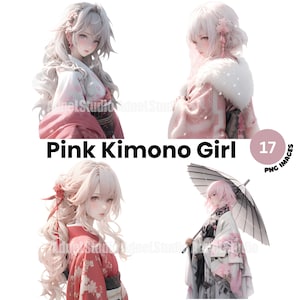 Watercolor Pink Kimono Girl Clipart, Japanese Dress Clipart, Geisha Girl Clipart, Japanese Clipart, Anime Girl Clipart, Anime Girl Stickers