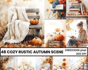 May include: A collection of 48 cozy rustic autumn scenes featuring pumpkins, leaves, a blanket on a bench, a cup of coffee, a book, and a woman reading. The images are 2480x3056 pixels and 300 DPI.