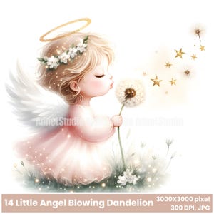 Piccolo angelo che soffia un dente di leone Arte digitale, illustrazione angelica carina per la decorazione della cameretta del bambino, invito stampabile per baby shower, decorazione per angioletti