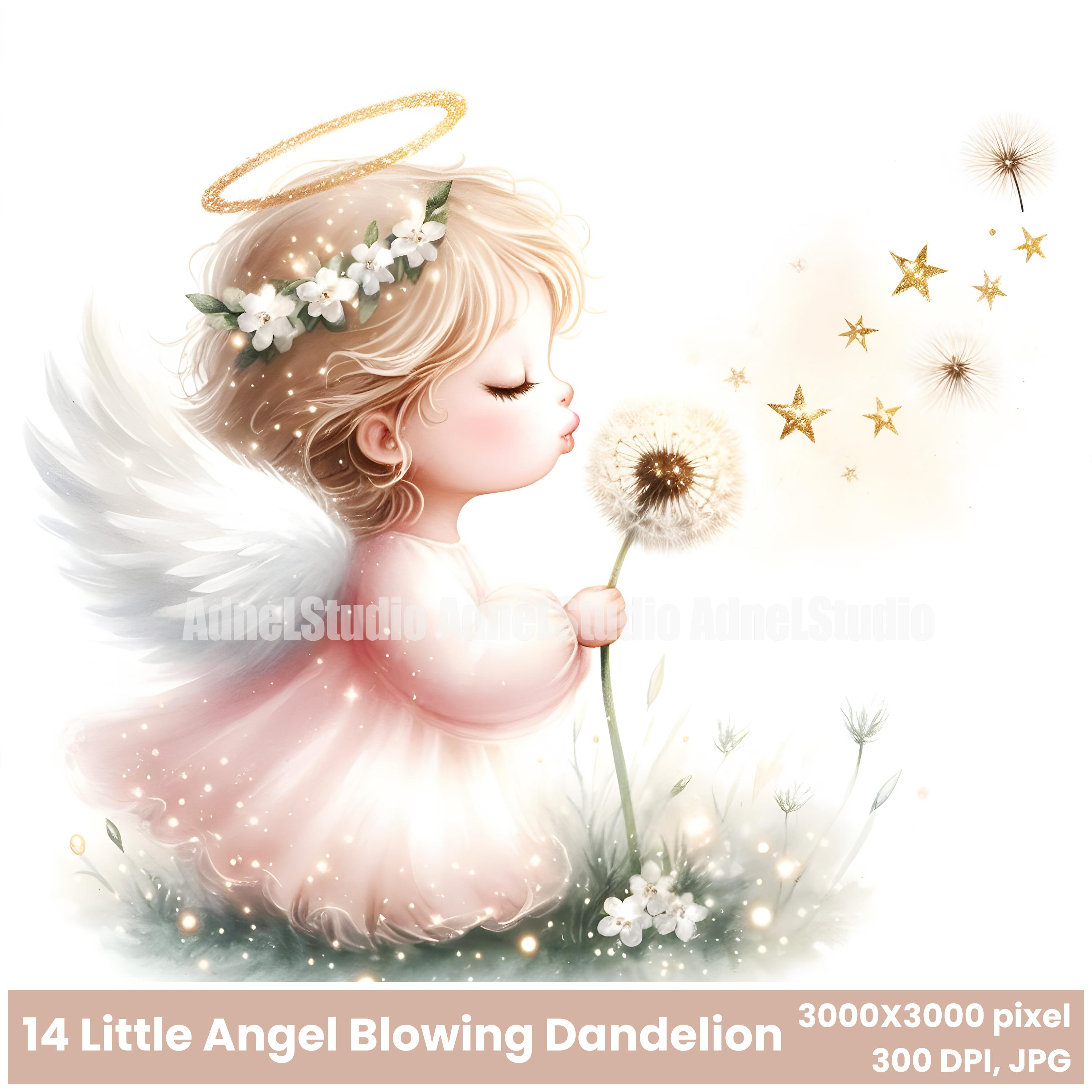 Little Angel Blowing Dandelion Digital Art, Cute Angelic Illustration for Nursery Decor, Baby Shower Invitation Printable, Baby Angel Decor