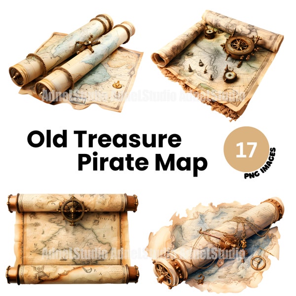 Watercolor Old Treasure Map Clipart - Nautical Decoration Clipart, Pirate Map Clipart, Age of Discovery Clipart, Nautical Junk Journal