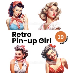 Pin Up Girl Clipart - Watercolor Retro Women Clipart, Retro Pin Up Girl PNG, 1950 Outfit Clipart, Junk Journal, Paper Crafts Scrapbooking