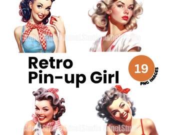 Pin Up Girl Clipart - Watercolor Retro Women Clipart, Retro Pin Up Girl PNG, 1950 Outfit Clipart, Junk Journal, Paper Crafts Scrapbooking