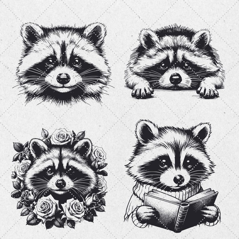 K&ouml;nnte beinhalten: Vier Schwarzwei&szlig;illustrationen von Waschb&auml;ren. Ein Waschb&auml;r schaut nach vorne, ein anderer schaut nach unten, ein dritter ist von Rosen umgeben und ein vierter liest ein Buch.