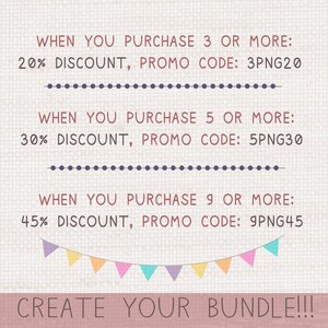 Puede incluir: Gr&aacute;fico de texto con una bandera de banderines rosa, naranja y azul. El texto dice: "WHEN YOU PURCHASE 3 OR MORE: 20% DISCOUNT, PROMO CODE: 3PNG20"  "WHEN YOU PURCHASE 5 OR MORE: 30% DISCOUNT, PROMO CODE: 5PNG30"  "WHEN YOU PURCHASE 9 OR MORE: 45% DISCOUNT, PROMO CODE: 9PNG45"  "CREATE YOUR BUNDLE!!!"