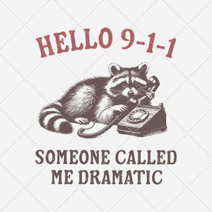 Puede incluir: Una ilustración en blanco y negro de un mapache hablando por teléfono con el texto "HELLO 9-1-1 SOMEONE CALLED ME DRAMATIC".