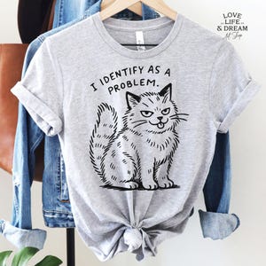 Puede incluir: Camiseta gris claro con el texto "I IDENTIFY AS A PROBLEM" y una ilustraci&oacute;n negra de un gato gru&ntilde;&oacute;n. El gato tiene una expresi&oacute;n severa y saca la lengua. La camiseta est&aacute; colgada de una percha de madera.