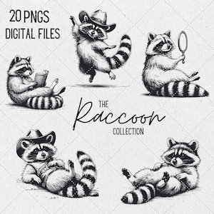 Può includere: Un set di 20 illustrazioni digitali in bianco e nero di procioni in varie pose. I procioni indossano cappelli, tengono libri e guardano uno specchio. Il testo "The Raccoon Collection" è scritto in corsivo nella parte inferiore dell'immagine.