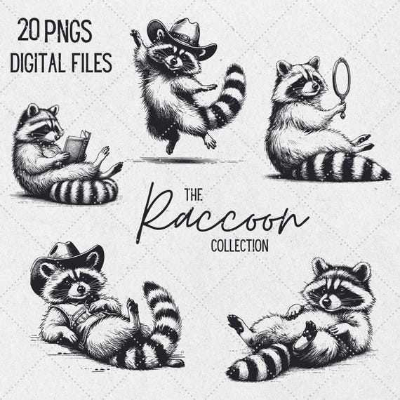 Raccoon PNG Clipart Bundle, Cowboy, Roses, Funny Animals (Digital Download)