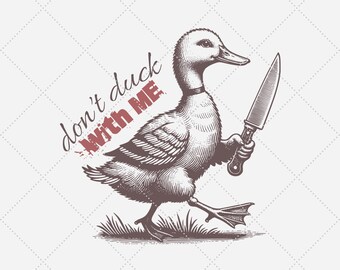 Pato engraçado com faca PNG, humor sarcástico, citação adulta (download digital)