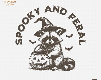 Spooky Raccoon Halloween PNG, Witch Hat, Pumpkin (Digital Download)